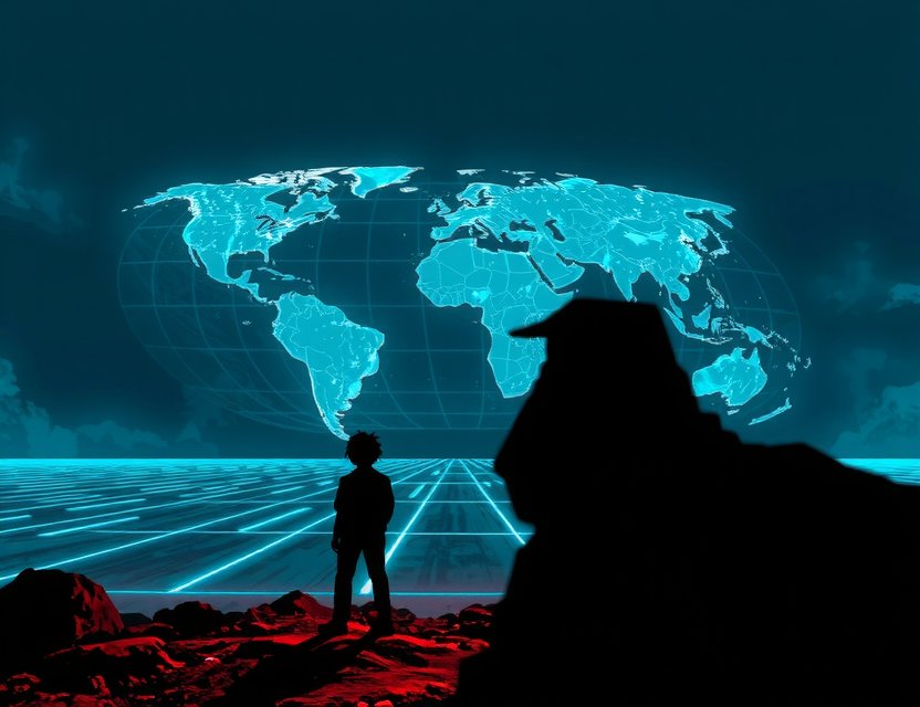 Stilisierter Game-Charakter, der verwirrt auf eine glitchende holografische Karte starrt, symbolisiert für 404 Fehler in immersiven Gaming Experiences