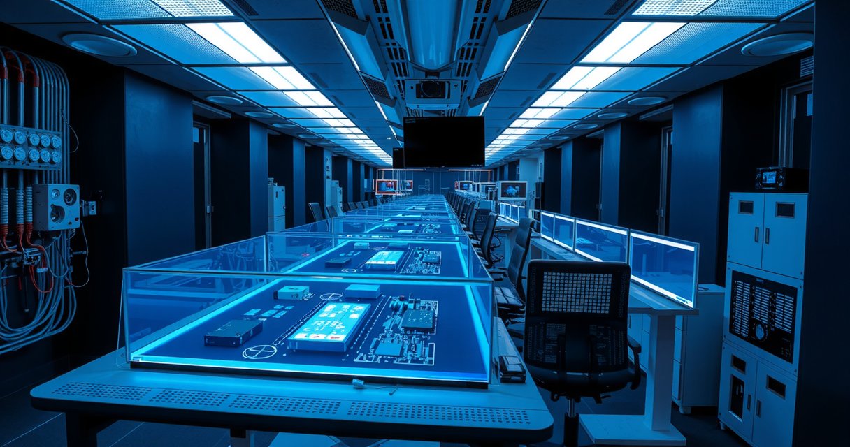 Modernes Innovationslabor mit leuchtenden Schaltkreisen und holografischen Displays